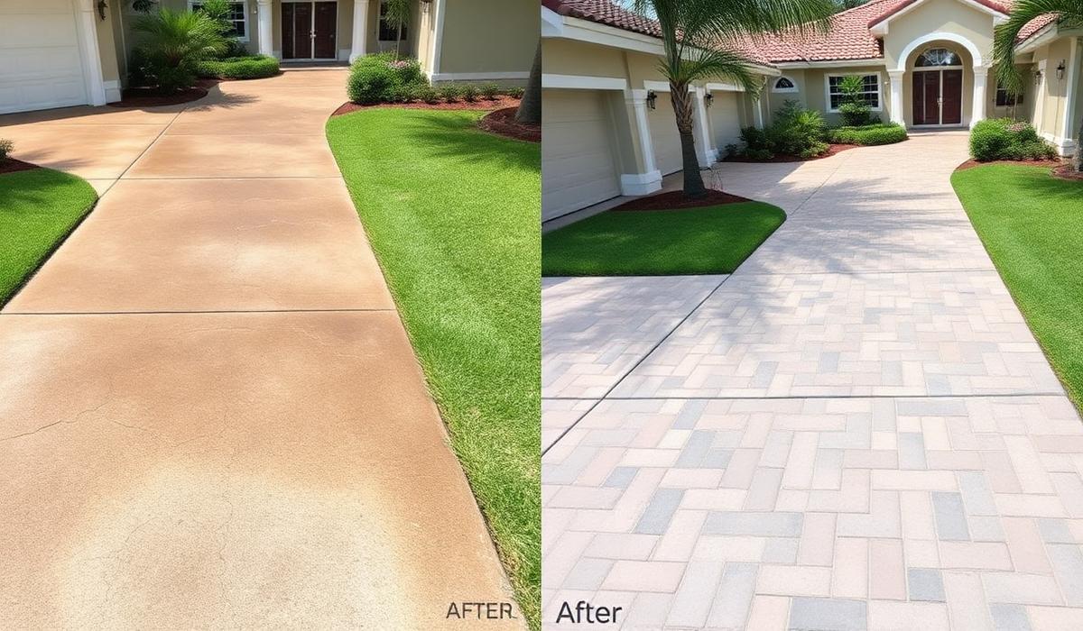Before and after driveway project: stained, cracked concrete driveway on the left and clean pressure-washed paver driveway of a Florida home on the right